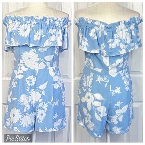 NWT Amisu Blue & White Floral Ruffle Off Shoulder Romper US 8